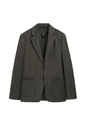 Grau melierter Fischgräten-Blazer mit Kerb-Revers, zwei Vordertaschen und einem einzelnen Knopfverschluss. Verfügt über ein glattes Innenfutter.