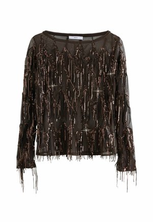 Haut noir transparent à manches longues avec des franges en sequins bronze et un col rond, étiqueté NEXT, sur fond blanc.