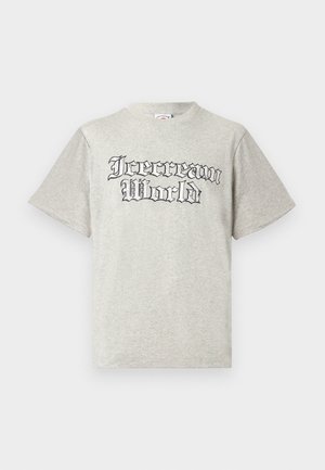 T-shirt a maniche corte grigio chiaro in cotone, con una grafica nera "Icecream World" in un font stilizzato sulla parte anteriore.