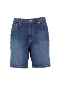 Denim shorts in een medium blauwe teint met een klassiek vijf-pocket ontwerp, een ritssluiting en contrasterende stiksels. Eindigt op middel van de dij.