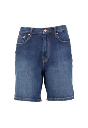 Denim shorts in een medium blauwe teint met een klassiek vijf-pocket ontwerp, een ritssluiting en contrasterende stiksels. Eindigt op middel van de dij.