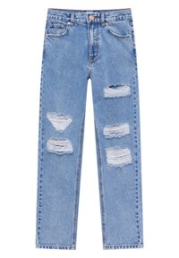 Jeans de mezclilla azul claro con cintura alta, con múltiples parches desgastados y bordes deshilachados, diseño clásico de cinco bolsillos y cierre de botón.
