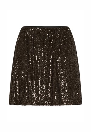 Smeđa suknja s sequins detaljima i nabranoj strukom, dizajnirana u ravnom silueta. Sjajni sequins prekrivaju tkaninu, odražavajući svjetlost.