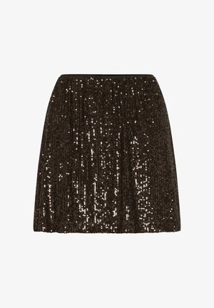 Smeđa suknja s sequins detaljima i nabranoj strukom, dizajnirana u ravnom silueta. Sjajni sequins prekrivaju tkaninu, odražavajući svjetlost.