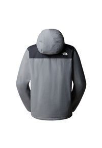 Veste à capuche grise et noire à manches longues, vue de dos, avec le logo The North Face sur l’épaule droite supérieure.