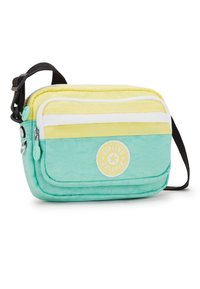 Compact crossbody tas in een groen, geel en wit kleurenpalet; gemaakt van textuurstof; voorzien van een verstelbare schouderband en ritsluiting.