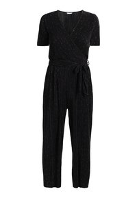 Svart jumpsuit med korta ärmar, med vertikala veck och små silverdetaljer. Kommer med ett bälte i midjan och breda ben.