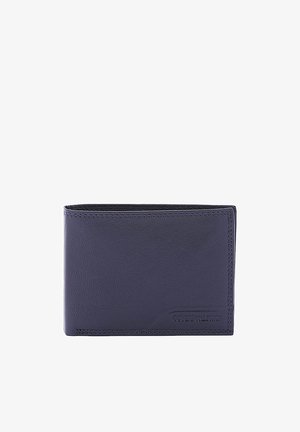 Navy leren portemonnee met een gestructureerde afwerking, bi-fold ontwerp en zichtbare stiksels. Heeft een geperst logo aan de voorkant voor branding.