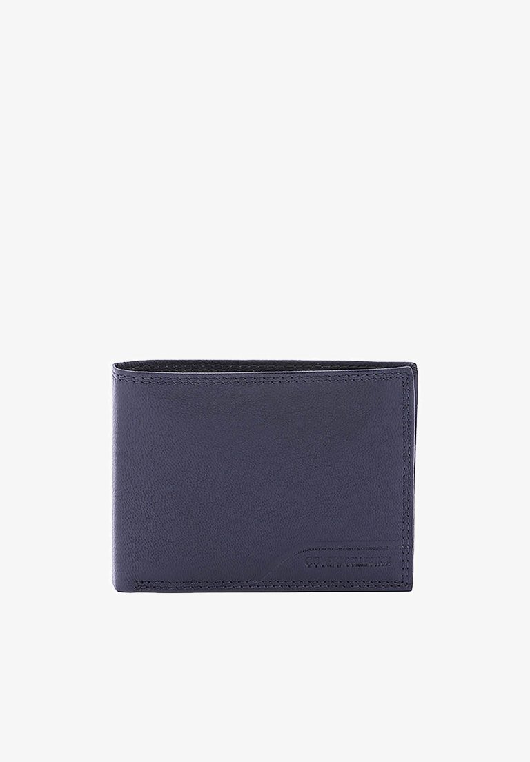 Navy leren portemonnee met een gestructureerde afwerking, bi-fold ontwerp en zichtbare stiksels. Heeft een geperst logo aan de voorkant voor branding.