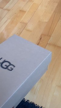 Svetlo siva kartonska škatla z gladko površino in črnim logotipom "UGG" natisnjenim na strani, ki leži na lesenem tlorisu.