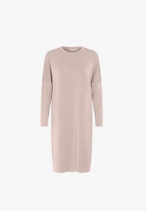 Light pink long-sleeve dress in soft fabric, featuring a round neckline and side slits for ease of movement. Simple, relaxed fit.