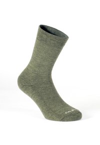 Pojedyncza oliwkowa skarpetka na nogawkach stojąca w pionie na białym tle, z widocznym wzmocnionym palcem i mankietem.