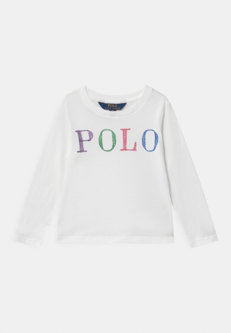 Bílý dlouhý rukáv tričko s multicolor textem "POLO" v hravém písmu. Vyrobeno z měkké bavlny, s kulatým výstřihem a volným střihem.