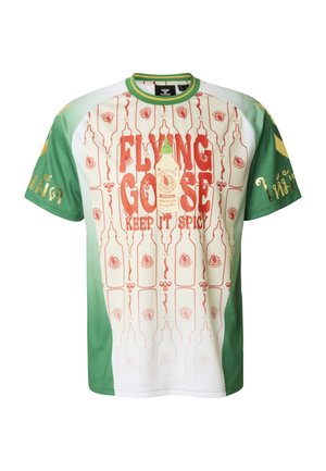 Kurzärmeliges Hemd mit weißem Hintergrund, grünen und roten Akzenten, Blumen- und Flaschenmustern sowie dem auffälligen Schriftzug "FLYING GOOSE".