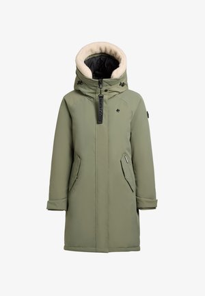 Õlivärvi pikk mantel, millel on karusnahaga kaunistatud kapuuts, tõmblukk, kaks küljetaskut ja logo patch varrukal.