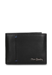 Portafoglio in pelle nera con superficie testurizzata, caratterizzato da cuciture blu e un logo argento in rilievo nell'angolo in basso a destra.