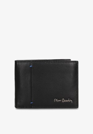 Portafoglio in pelle nera con superficie testurizzata, caratterizzato da cuciture blu e un logo argento in rilievo nell'angolo in basso a destra.