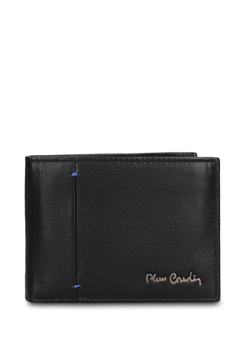 Portafoglio in pelle nera con superficie testurizzata, caratterizzato da cuciture blu e un logo argento in rilievo nell'angolo in basso a destra.