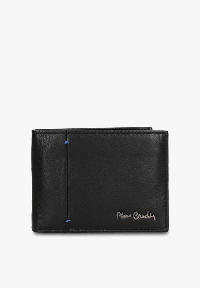 Portafoglio in pelle nera con superficie testurizzata, caratterizzato da cuciture blu e un logo argento in rilievo nell'angolo in basso a destra.