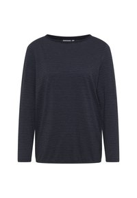 Haut à manches longues de couleur bleu marine foncé avec des rayures horizontales plus claires. Il présente un col rond et une coupe décontractée. Texture de tissu douce.