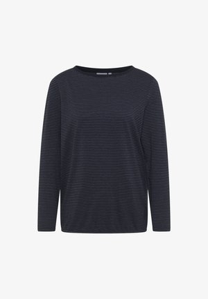 Maglietta a maniche lunghe di un blu navy scuro con strisce orizzontali più chiare. Dotata di una scollatura rotonda e una vestibilità comoda. Texture del tessuto morbida.