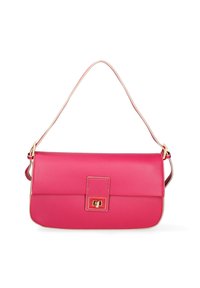 Borsa a tracolla in pelle rosa con una texture liscia, forma rettangolare e chiusura in tono oro. Presenta una sottile tracolla e bordi a contrasto.