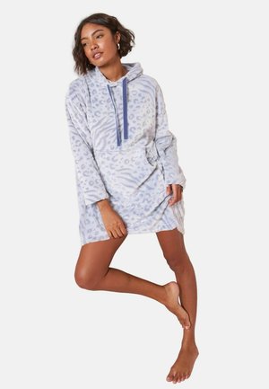 Fleece hoodie dress in light grey with blue animal print. Features a front pocket, drawstring hood, and long sleeves. Soft texture.