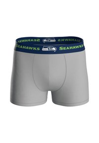 Szare bokserki z granatowym paskiem w talii ozdobionym napisem "Seahawks" oraz zielonym logo ptaka. Gładka tekstura i dopasowany krój.