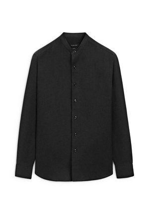 Black long-sleeve shirt with mandarin collar, button-down front, and buttoned cuffs, displayed on a white background.