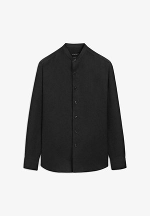 Black long-sleeve shirt with mandarin collar, button-down front, and buttoned cuffs, displayed on a white background.