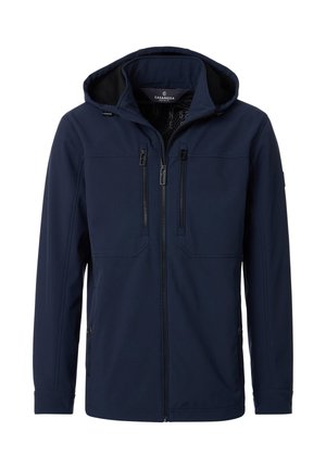 Marineblaue Kapuzenjacke mit durchgehendem Frontreißverschluss, zwei vertikalen Brustreißverschlusstaschen und seitlichen Taschen mit Knöpfen, hergestellt aus glattem Stoff.