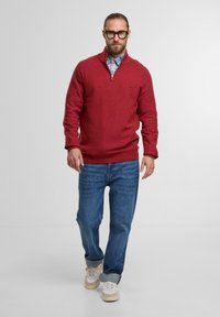 Roter, gestrickter Pullover mit Kragen und halbem Reißverschluss, getragen über einem karierten Hemd; kombiniert mit hellblauen Jeans und weißen Sneakers.
