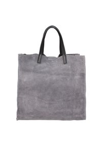 Grijze suède tote bag met zwarte leren handvatten, met een eenvoudig rechthoekig ontwerp en stikselaccenten op het handvat.