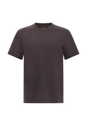 Korte mouwen t-shirt in donkergrijs. Gemaakt van zachte stof met een gladde textuur. Beschikt over een ronde halslijn en subtiele branding op de zoom.