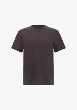 Korte mouwen t-shirt in donkergrijs. Gemaakt van zachte stof met een gladde textuur. Beschikt over een ronde halslijn en subtiele branding op de zoom.