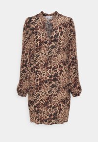 Leopardenmusterkleid aus leichtem Stoff, mit V-Ausschnitt, langen Puffärmeln und lockerer Passform. Farben umfassen Beige, Braun und Schwarz.