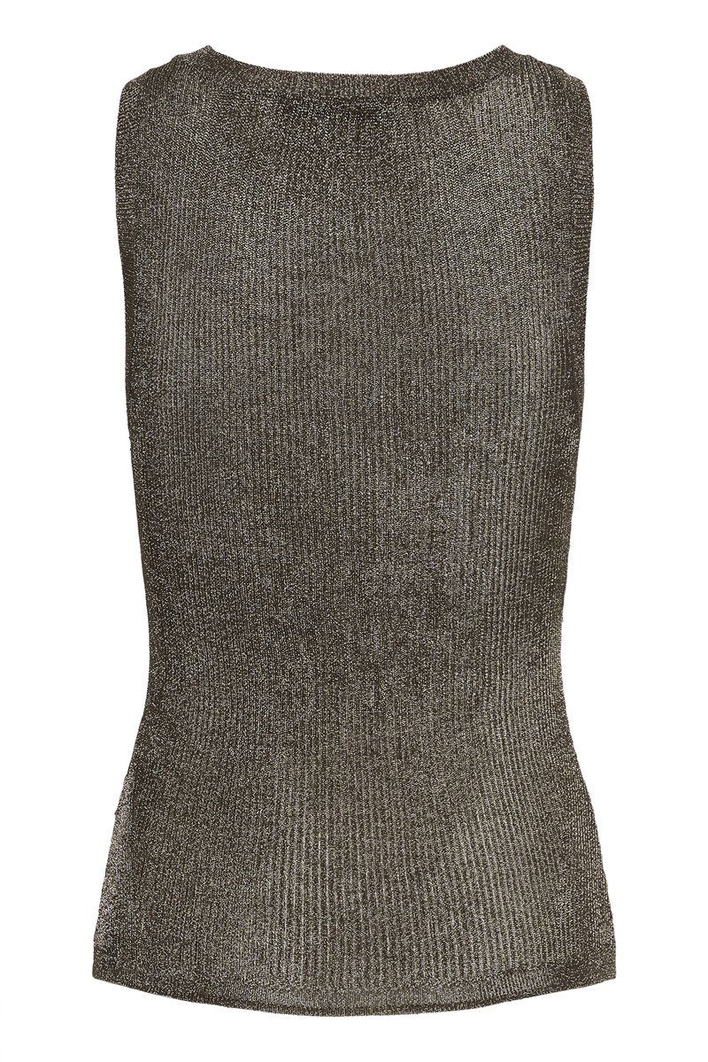 Sleeveless fitted knit top with metallic silver and dark gray ribbed fabric, featuring a round neckline and subtle shimmer.