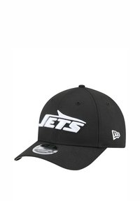 Schwarze Baseballmütze mit einem weißen gestickten "JETS"-Logo auf der Vorderseite, runder Krone und strukturiertem Schirm.