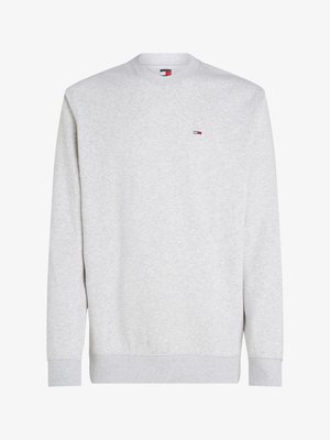 Grå sweatshirt laget av en bomullsblanding, med rund hals, ribbede mansjetter og hem, samt en liten merket logo på brystet.