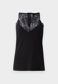 Haut sans manches noir avec détail en dentelle sur le haut de la poitrine et le dos, présentant un motif floral en dentelle et une fermeture éclair au dos.