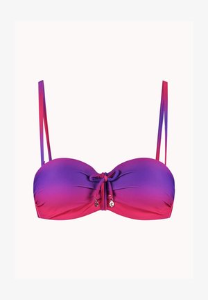 Bikinitop met een verlopende kleur van paars naar roze, bandeau-stijl, strik in het midden en dunne verstelbare schouderbandjes.