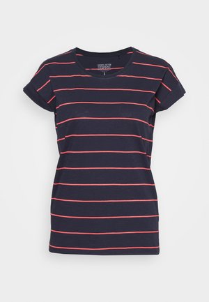 T-shirt bleu marine à manches courtes avec fines rayures horizontales corail et col rond, taille petit, fabriqué en coton biologique.