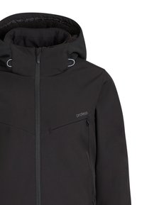 Schwarze wasserdichte Jacke mit hohem Kragen, Frontreißverschluss und Seitentaschen. Verfügt über ein weiches Innenfutter und dezente Logodetails.