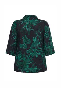 Blouse florale en bleu marine foncé avec un motif floral vert vif. Dotée de manches courtes et d'une coupe décontractée. Texture du tissu lisse.