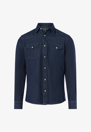 Ciemnoniebieska koszula dżinsowa z długimi rękawami, wąskim kołnierzykiem, dwiema kieszeniami na piersi i kontrastowymi szwami. Posiada zapięcie na guziki z przodu.