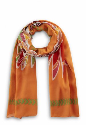 Oranje zijden sjaal met meerkleurige abstracte bloemmotieven en groene chevronrand accenten, netjes opgerold.