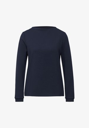 Dunkelblaues Langarmhemd aus Baumwolle mit rundem Ausschnitt und taillierten Manschetten. Glatte Textur mit einem schlichten Design.