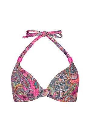 Top bikini w wzór paisley w odcieniach różu, zieleni i niebieskiego. Posiada regulowane ramiączka i plastikowe akcenty.