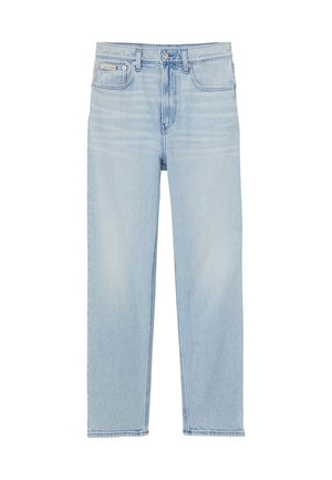 Jeans in denim azzurro chiaro con design a gamba dritta, cinque tasche e chiusura con patta a bottoni. Presentano una leggera scoloritura e cuciture a contrasto.