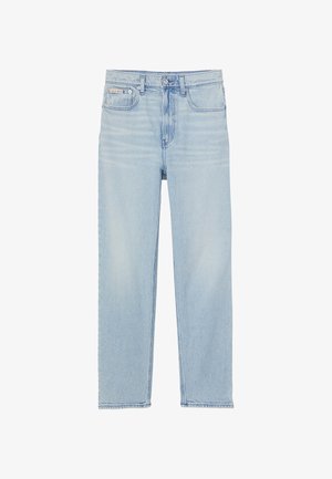 Lyseblå denimjeans med lige ben, fem lommer og knaplukning. Har diskret falmning og kontrasterende syninger.